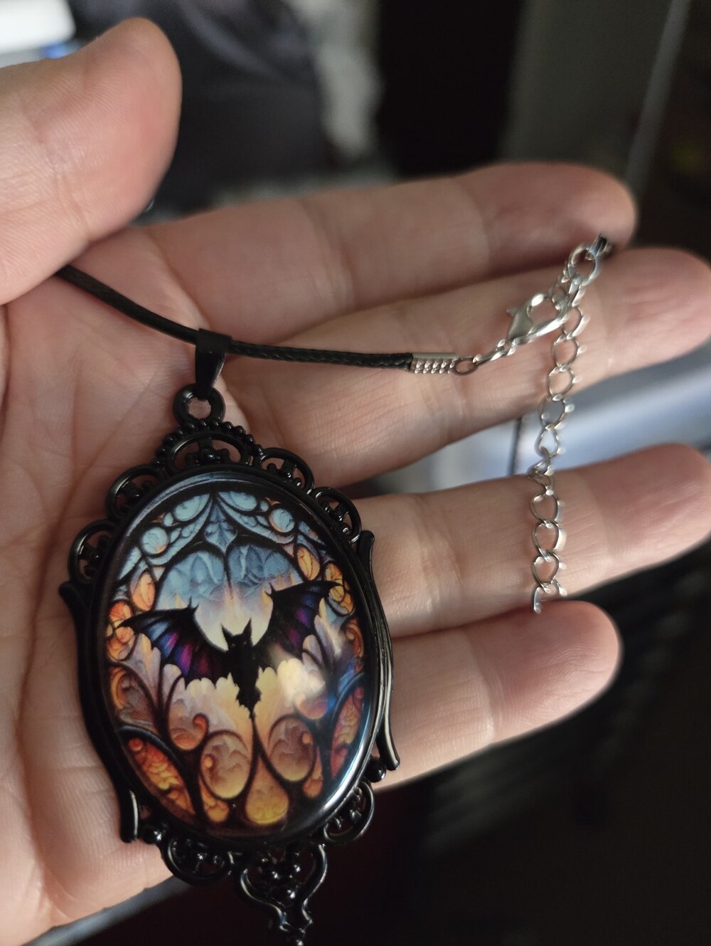 Black Bat Stained Glass Pendant Necklace - Gothic Women Jewelry